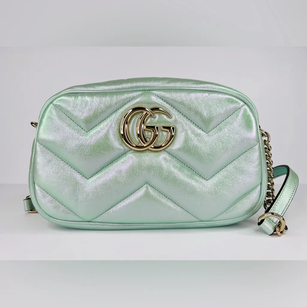 GUCCI GG Marmont Chain Blue Iridescent Nappa Chevron Matelasse Shoulder Bag - Image 3