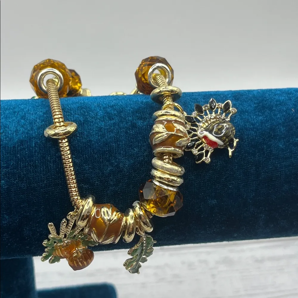 Fall Charm Bracelet Amber Colored Charms Turkey Pumpkin Leaf Corn Gold Tone - Image 11