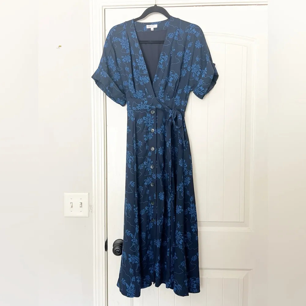 Equipment Nauman Eclipse Navy Blue A-Line Floral Print Crepe Midi Dress - Image 5