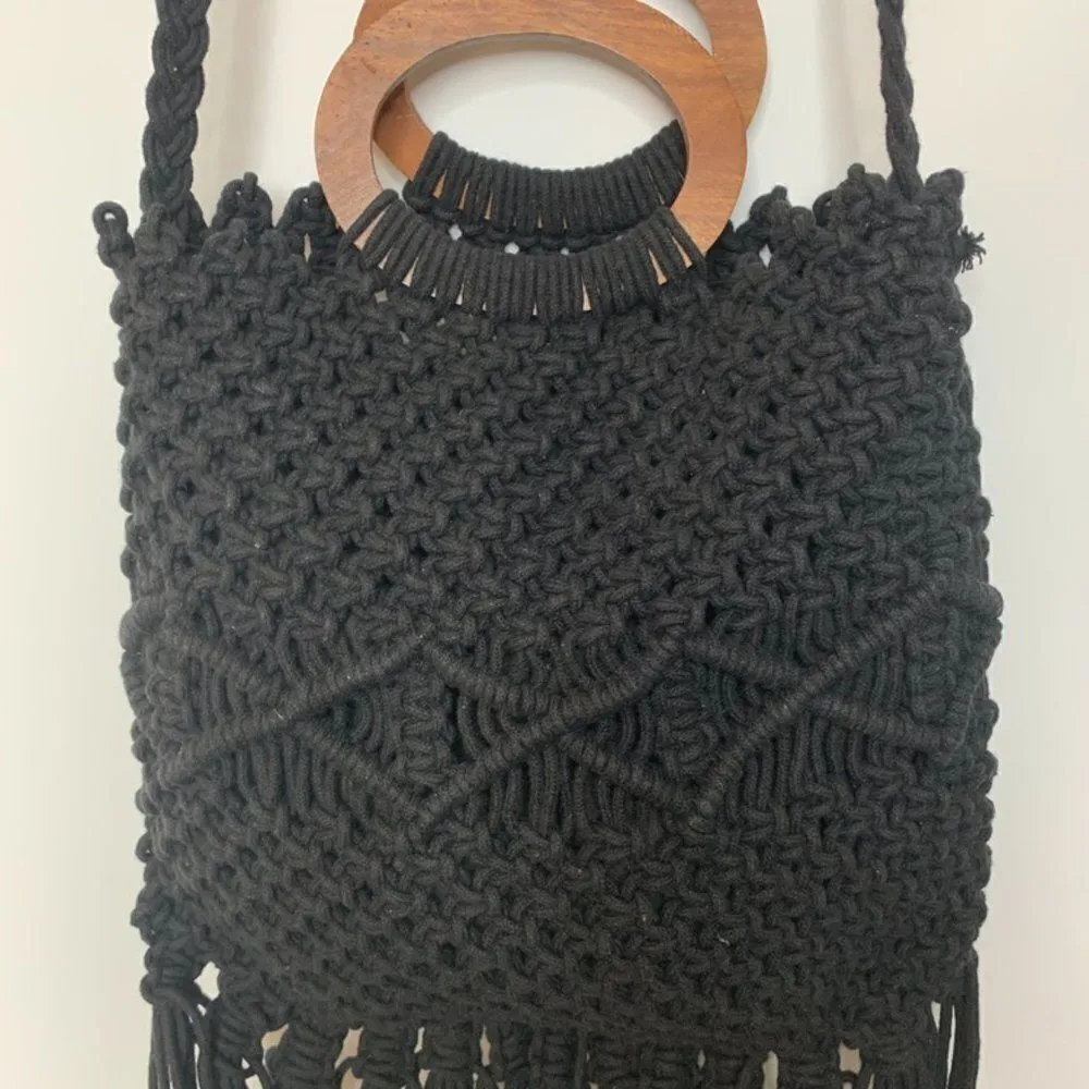 Danielle Nicole Macrame Fringe Wood Handle Shoulder Purse - Image 3