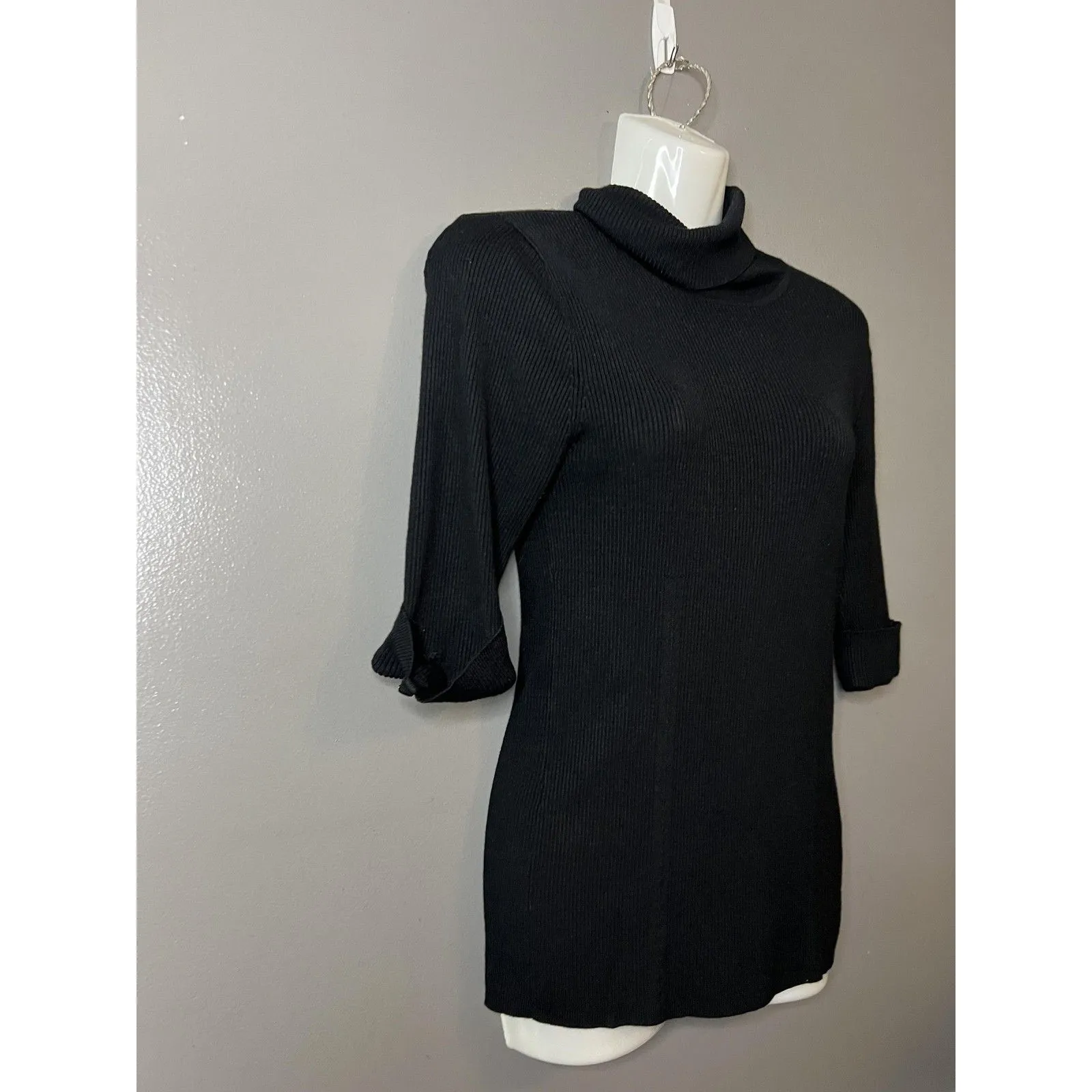 Premise Studio Sweater Womens Large Black Ribbed Knit Cowl Neck 3/4 Sleeve - Image 2