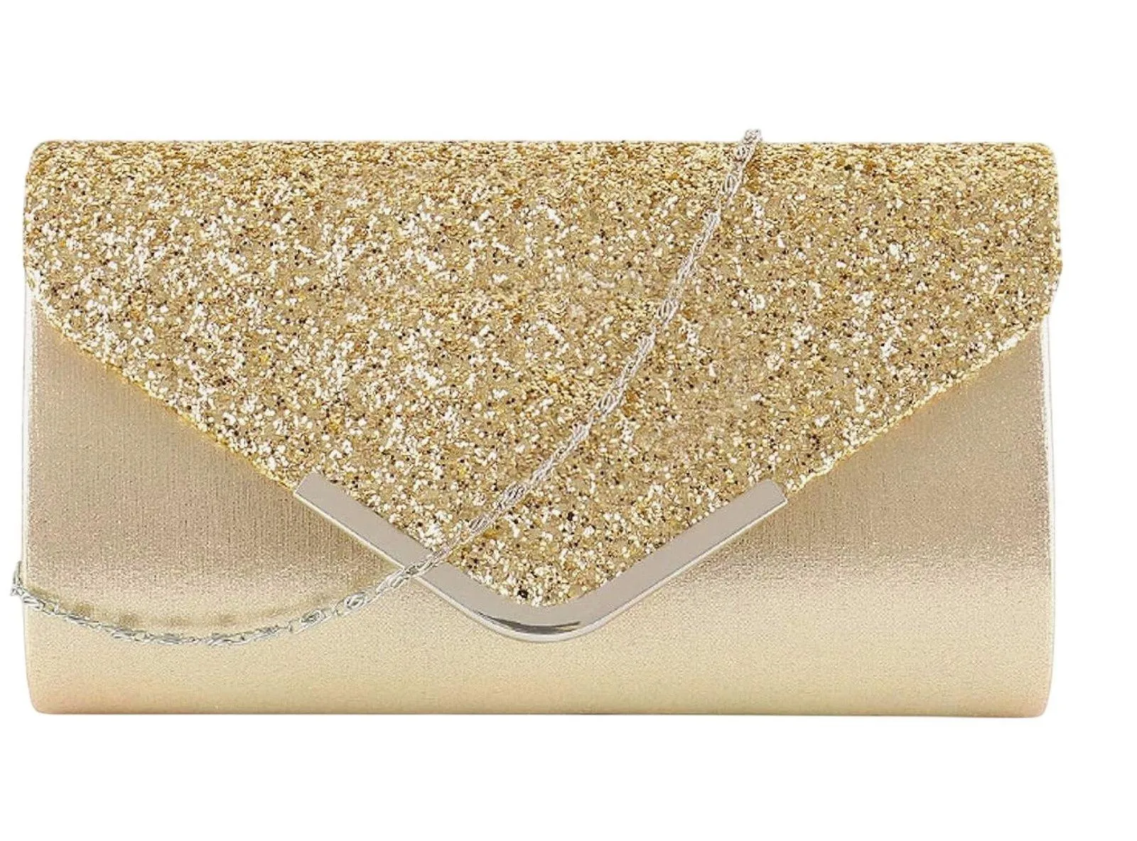 Gold Glitter Metallic Envelope Clutch Purse Evening Bag with Chain Strap - Image 1
