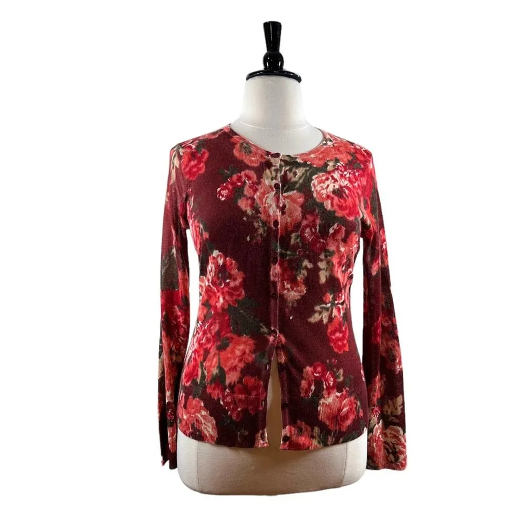 LOFT Cardigan Sweater Button Up Long Sleeve Burgundy Pink Floral Women’s Size XL - Image 10