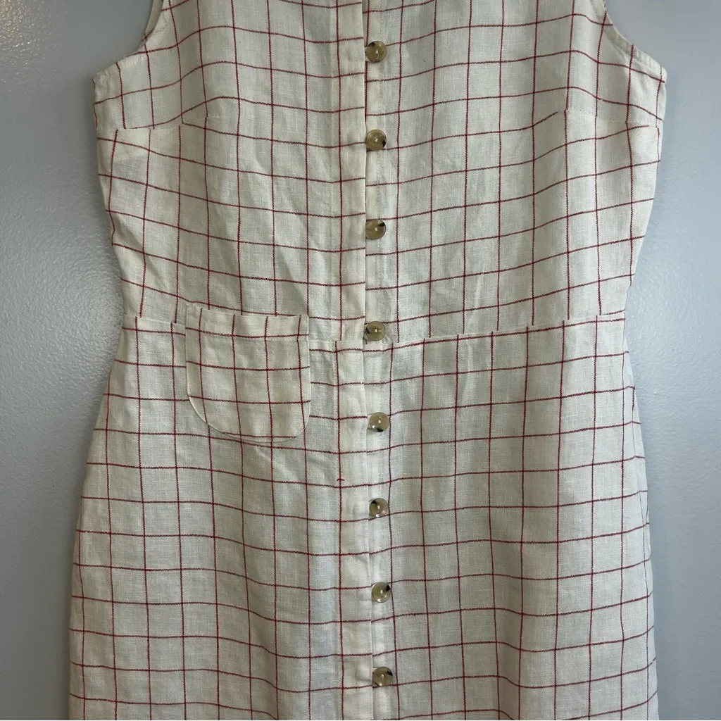 Paloma Wool Galatea 100% Linen Checkered Sleeveless Midi Dress Size UK 40 /US 6 White - Image 7