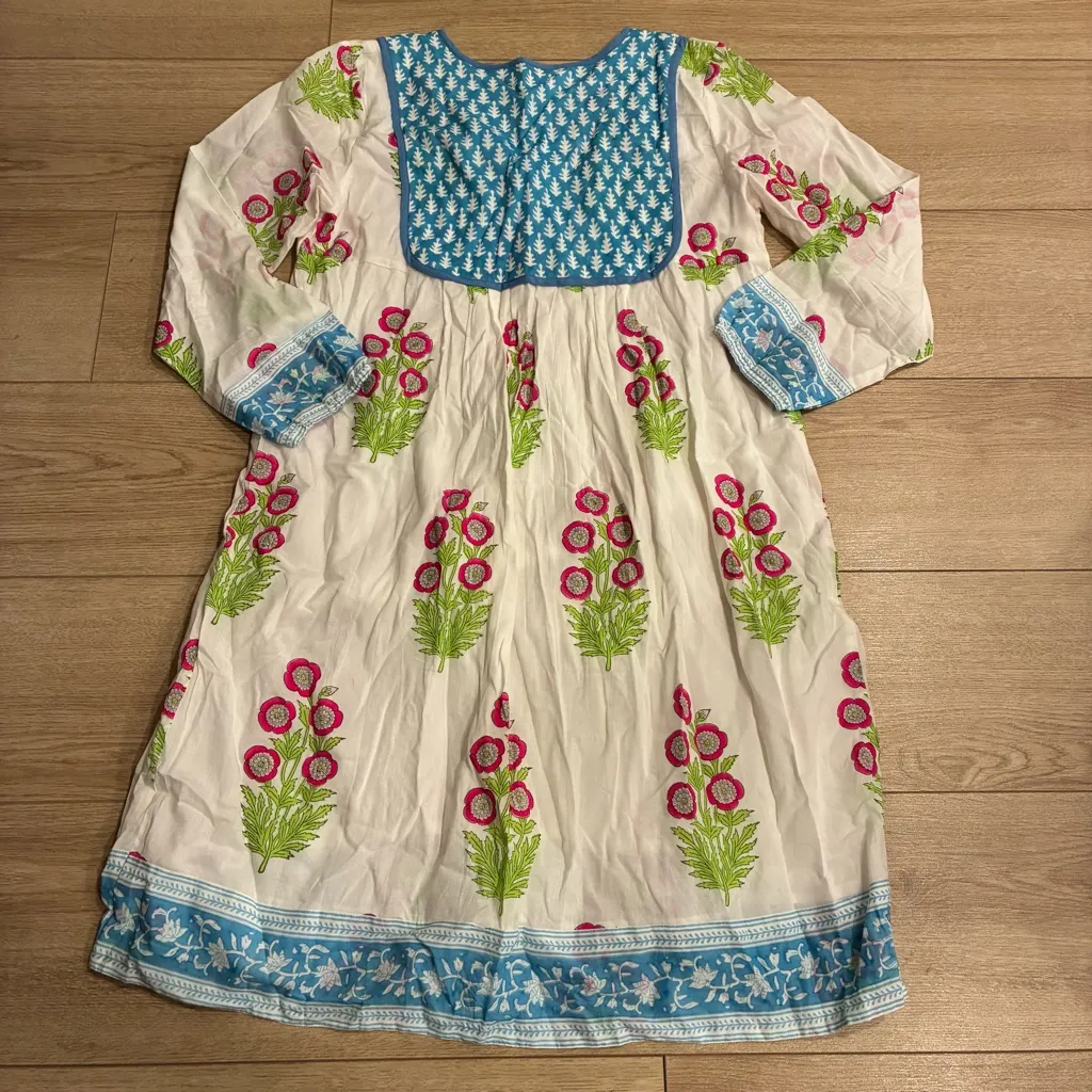 SZ Blockprints Printed Cotton Floral Kurta Jaipur Midi Dress Size M Blue Size M - Image 6