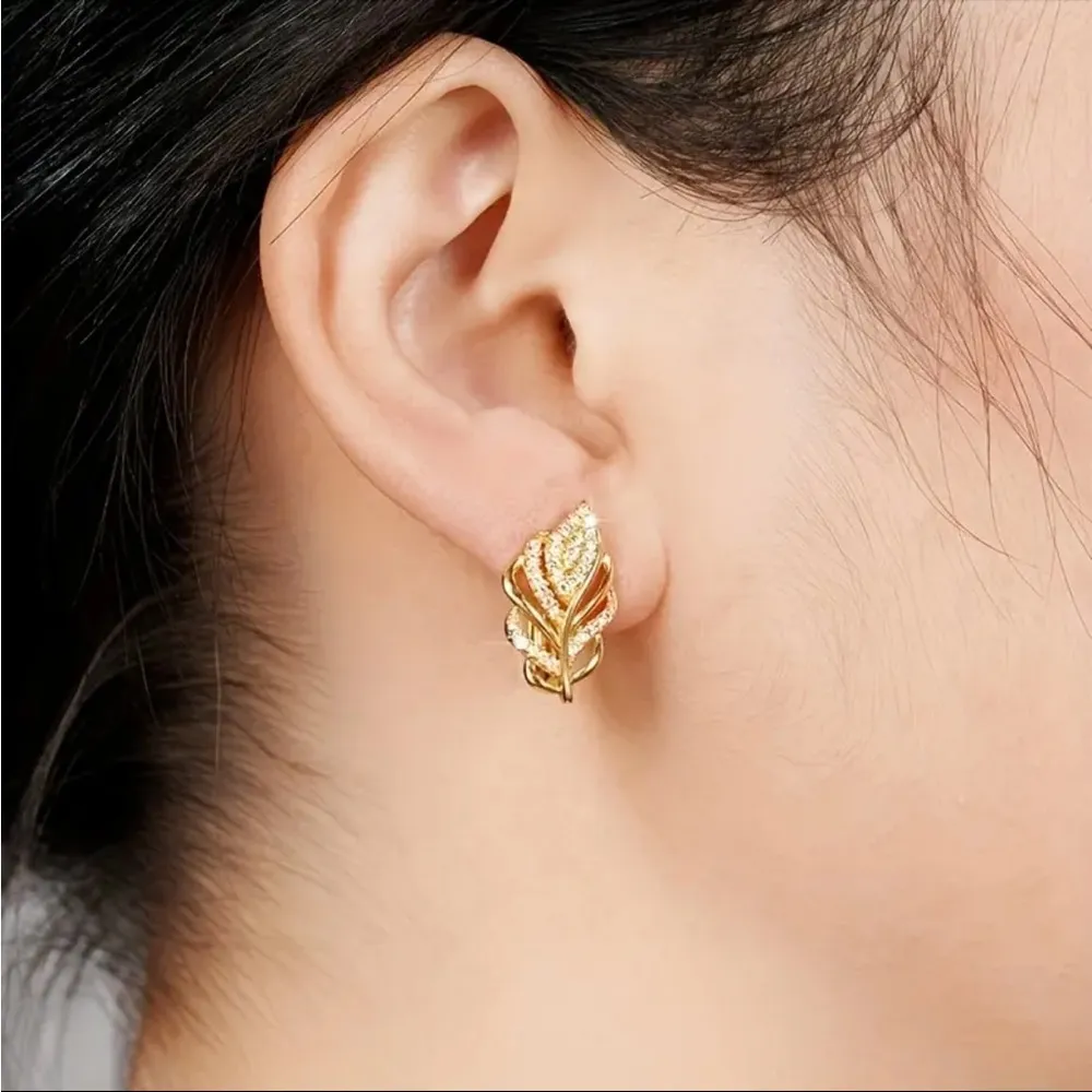 Gold Plated Leaf Hoop Earrings NWT CZ Sparkle Elegant Wedding Jewelry - Image 2