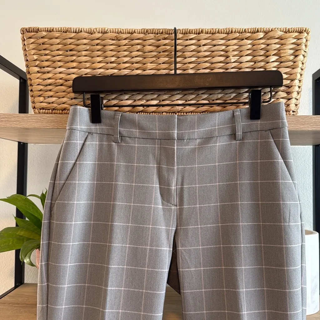 Express Mid-Rise Columnist Ankle Gray Plaid Woven Career Dress Pant Trouser, 4 - Image 2