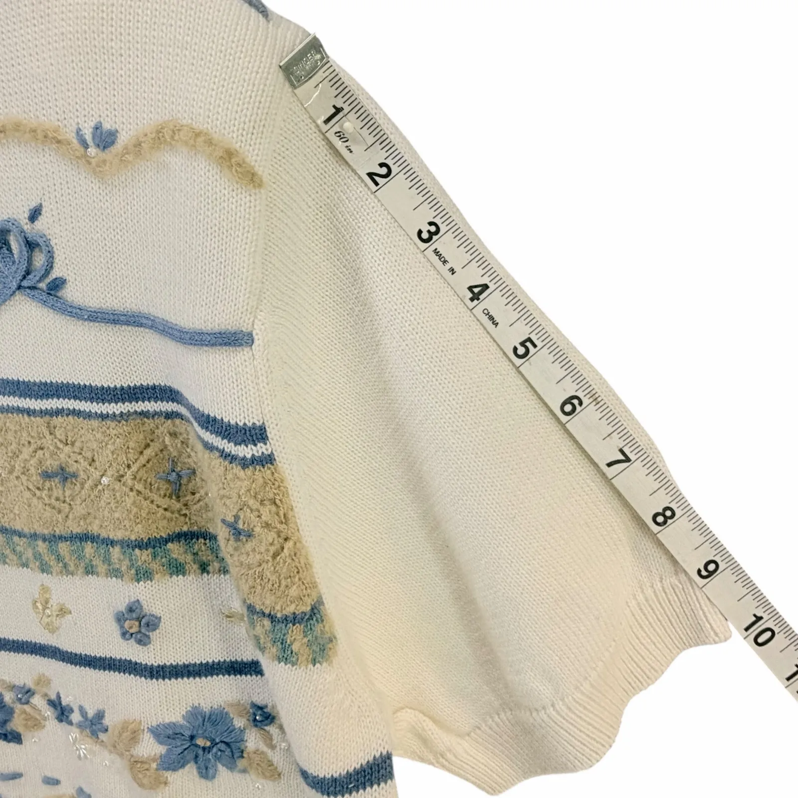 Vintage Y2K Alfred Dunner Sweater XL Cream Embroidered Cottage Bloomcore Granny Blue - Image 9