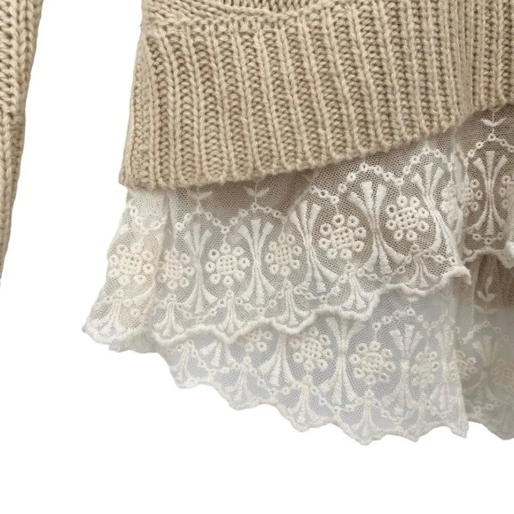 Monteau Women’s Cable Knit Sweater Lace Trimmed - Image 3