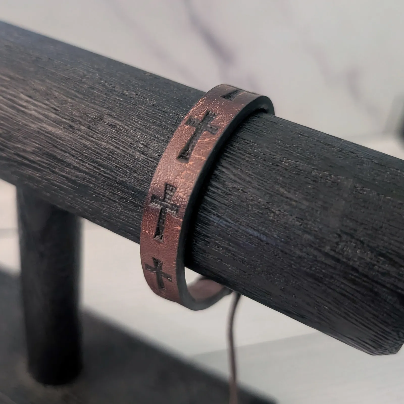 Brown Adjustable Bracelet with Embossed Cross - Image 2
