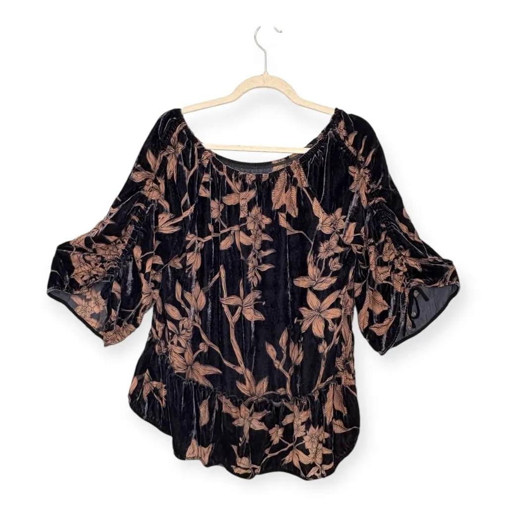 Democracy Burnout Velvet Floral Blouse Black Brown Boho Whimsy Goth L - Image 2