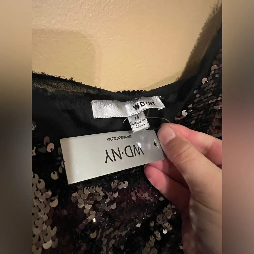 WDNY Cami Sequin Party Top Spaghetti Straps V Neck Size M Metallic NWT Black Size M - Image 12