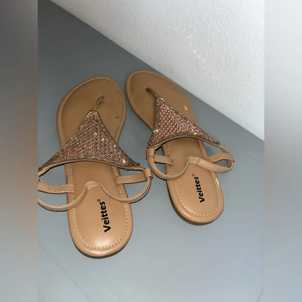 Veittes Beaded SlipOn Beach Metallic Dazzle RoseGold Bling Thong Flat Sandals 10 Tan - Image 6