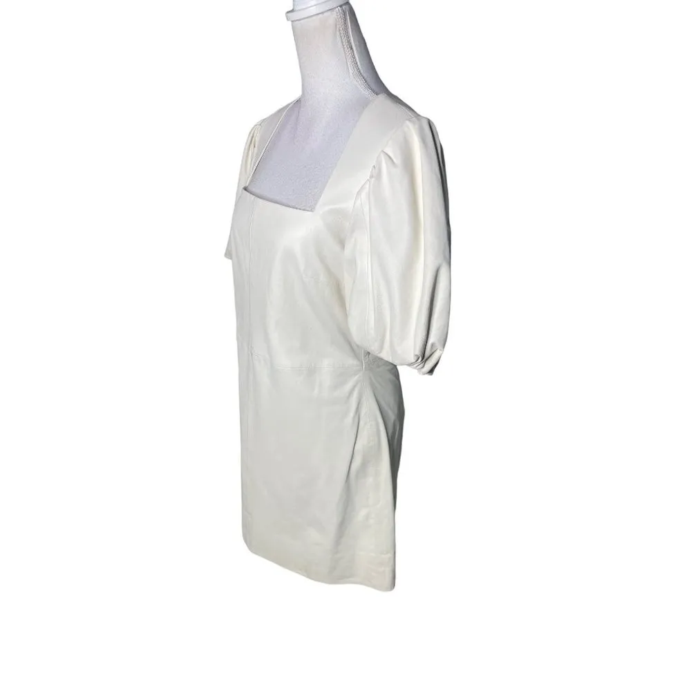 FRAME Denim Nina Puff Sleeve Leather Mini Dress Bone Womens Size Large - Image 5