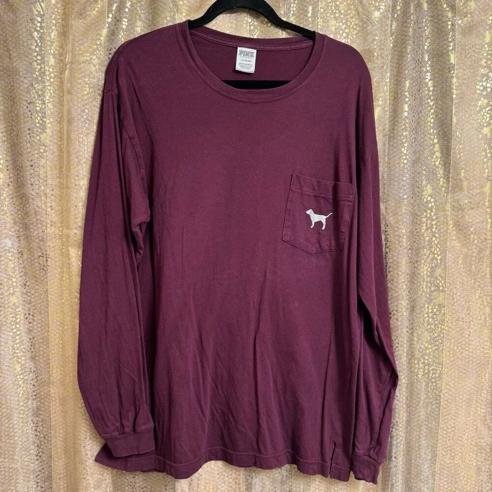 PINK Victorias Secret Maroon Rhinestone Glitter Campus Long Sleeve Top Large - Image 3