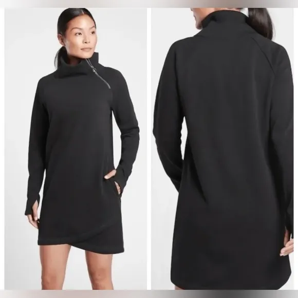 Athleta Women Cozy Karma Asym Sweatshirt Dress Black Thumbholes Warm Soft S - Image 2