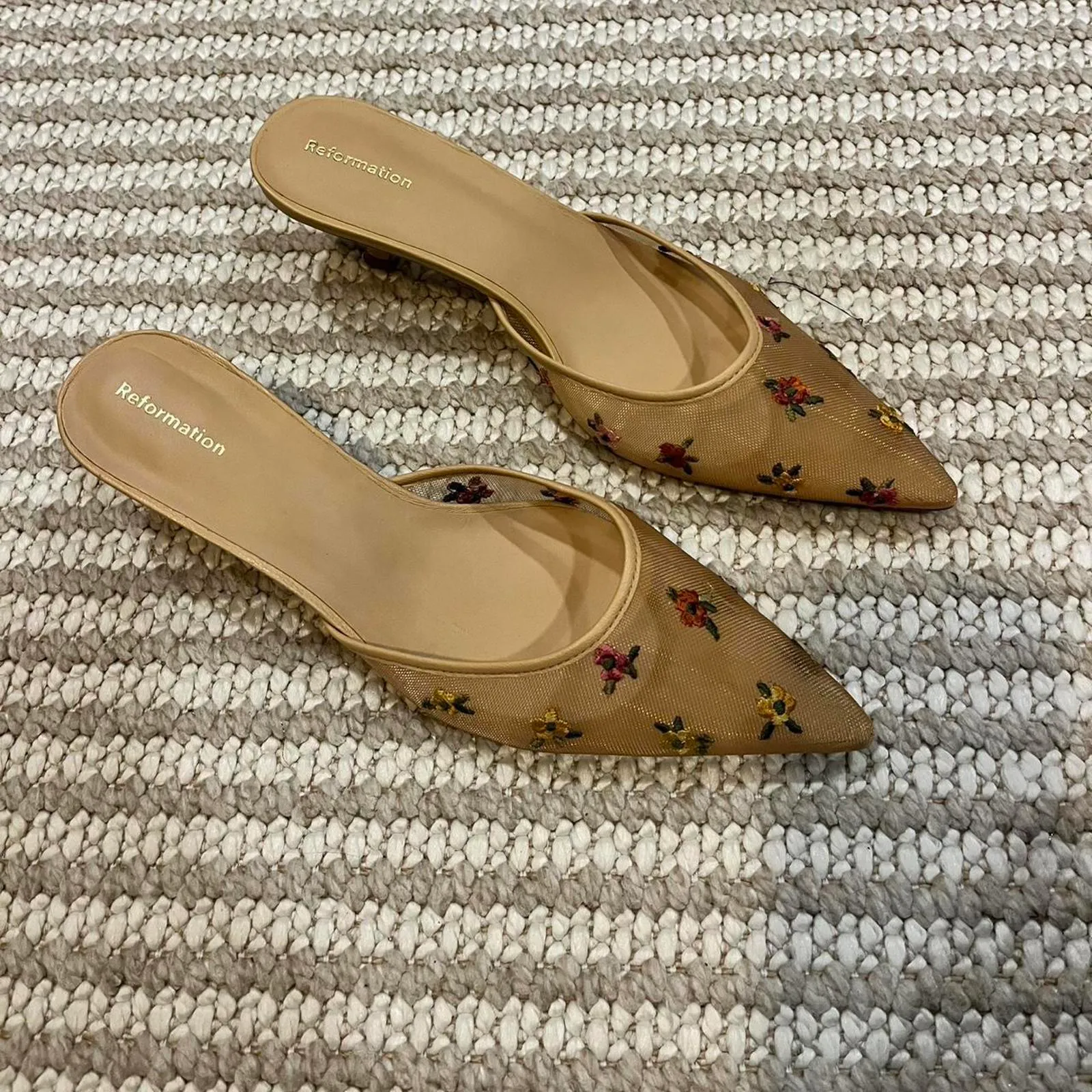 Reformation Wilda Pointed Toe Kitten Mule in Embroidered Mesh - Image 3