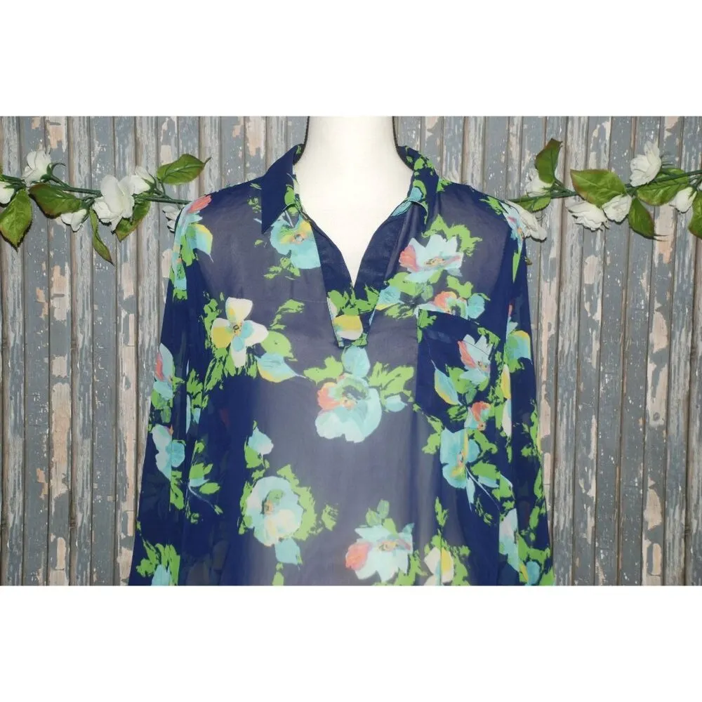 Liz Claiborne Women's Blue Floral Sheer Blouse Top Plus Size 1X V-Neck Long Sleeve - Image 2
