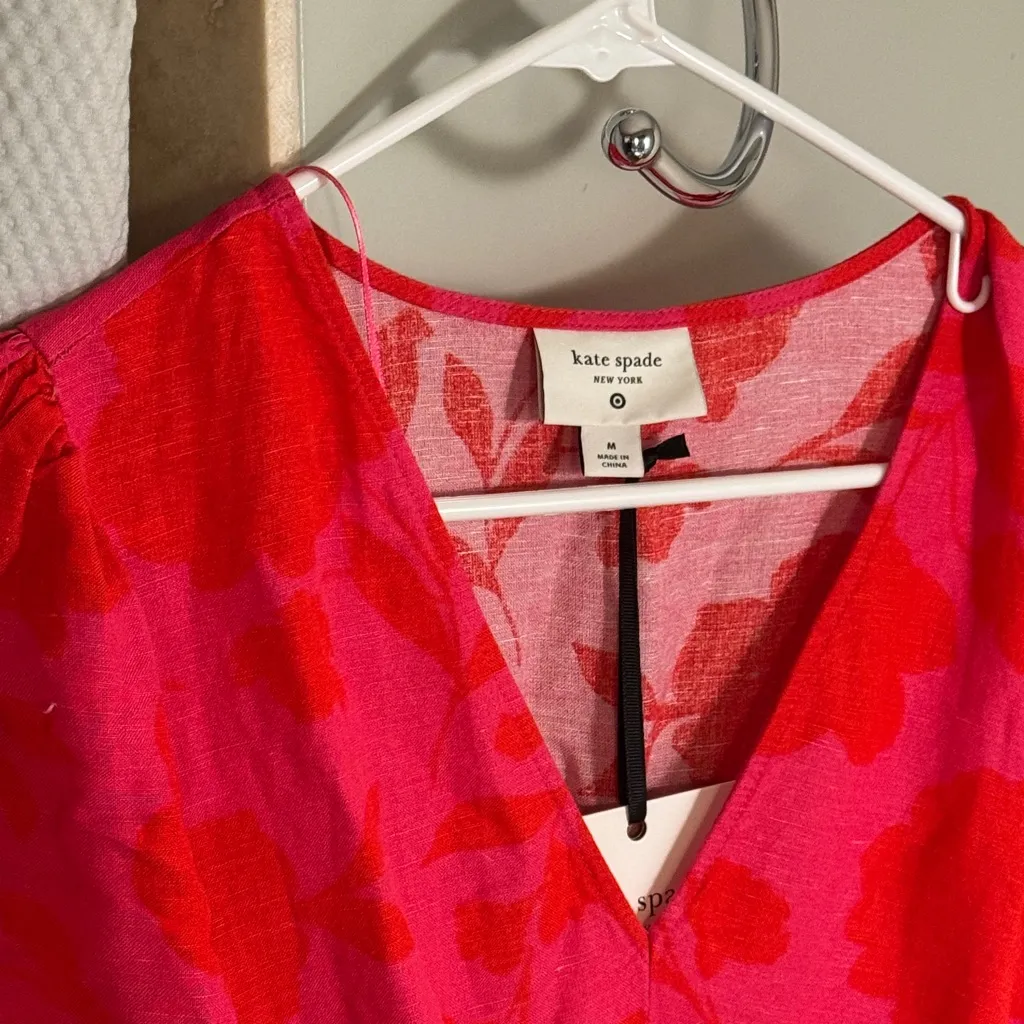 Kate Spade x Target Pink and Red Floral Linen blend V-Neck Dress - Image 2
