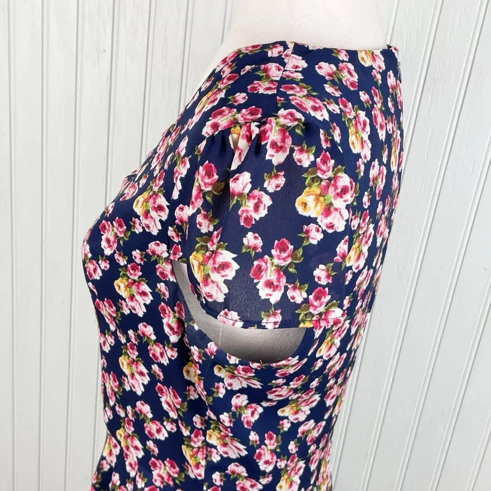 Betsey Johnson Navy Blue Floral Print Chiffon Fit and Flare Dress Women's Size 6 - Image 8