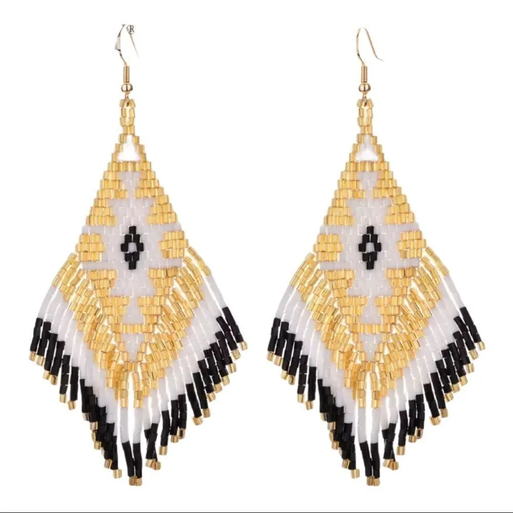 Handmade Miyuki Beaded Fringe Boho Earrings Gold - Image 11