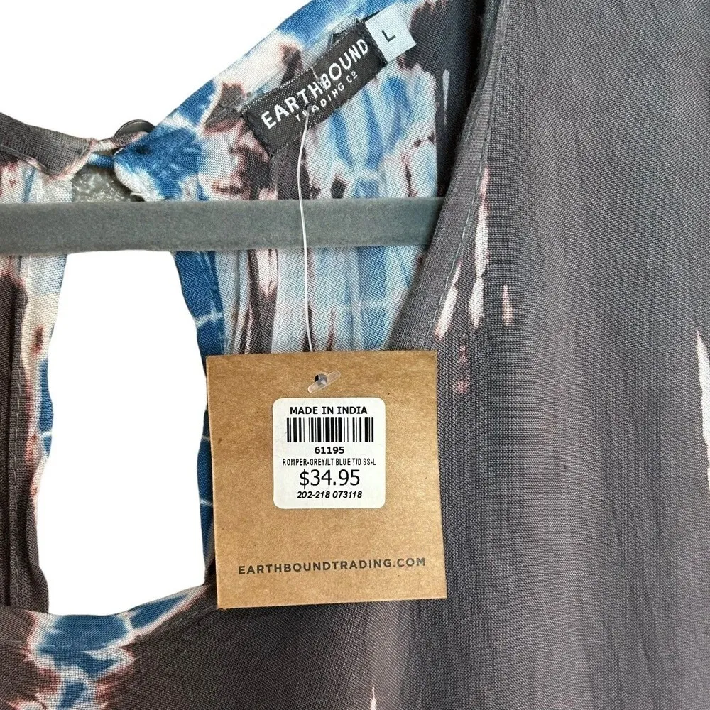 Earthbound Trading Co. Tie-Dye Romper Womens Size L Elastic Waist Boho Gray Blue - Image 5
