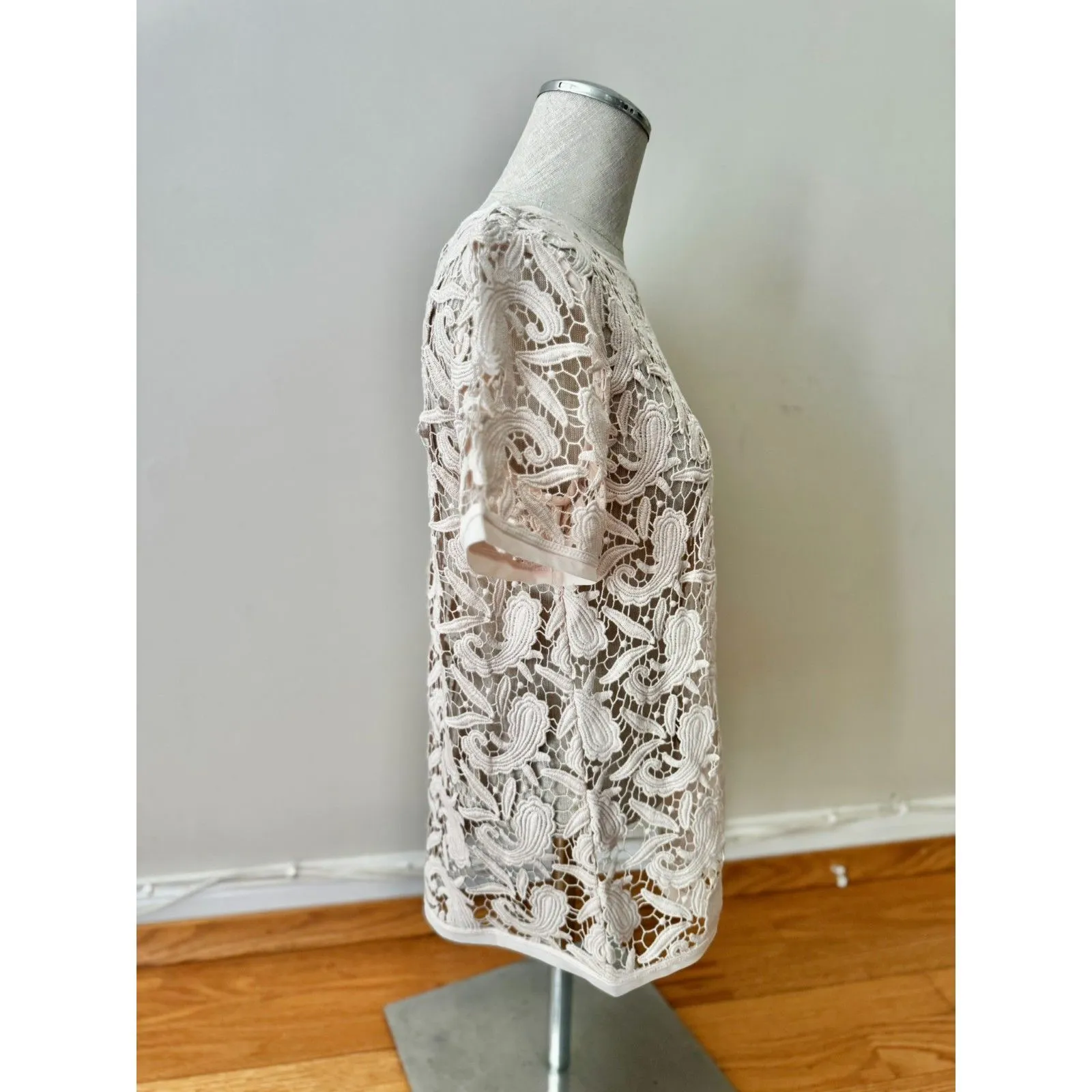 Ann Taylor LOFT Paisley Knit Crochet Lace Top Shirt Cover Up Soft Pink Size S - Image 4