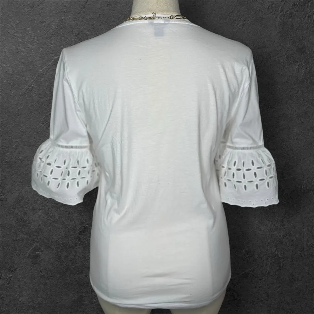 Ann Taylor White Blouse with eyelet detail on the bell sleeves (966) - Image 3