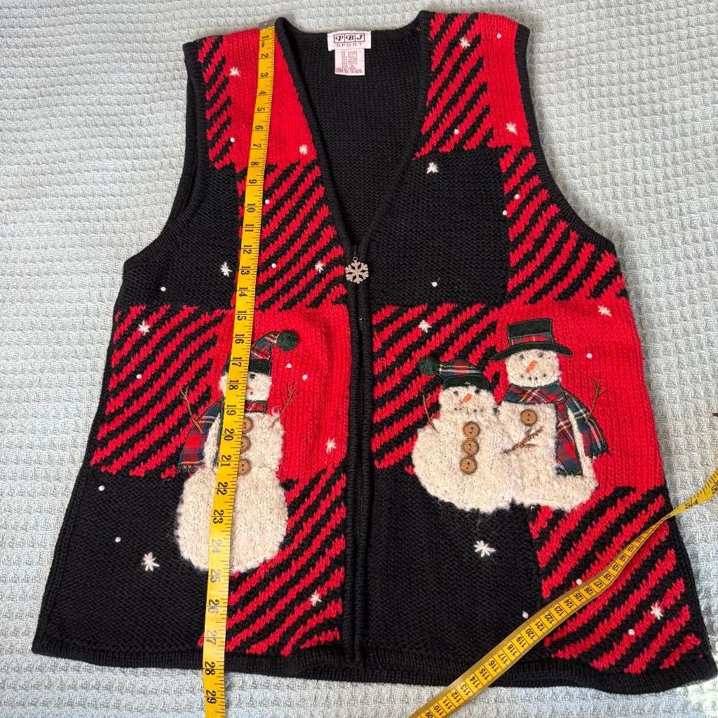 Vintage Ugly Christmas Sweater Vest Womens XL PBJ Sport Red Black Snowman Shirt - Image 7