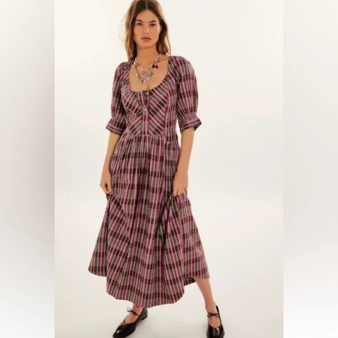 Free People Tulle Plaid Midi Dress in Pink‎ & Brown Combo size Small - Image 2