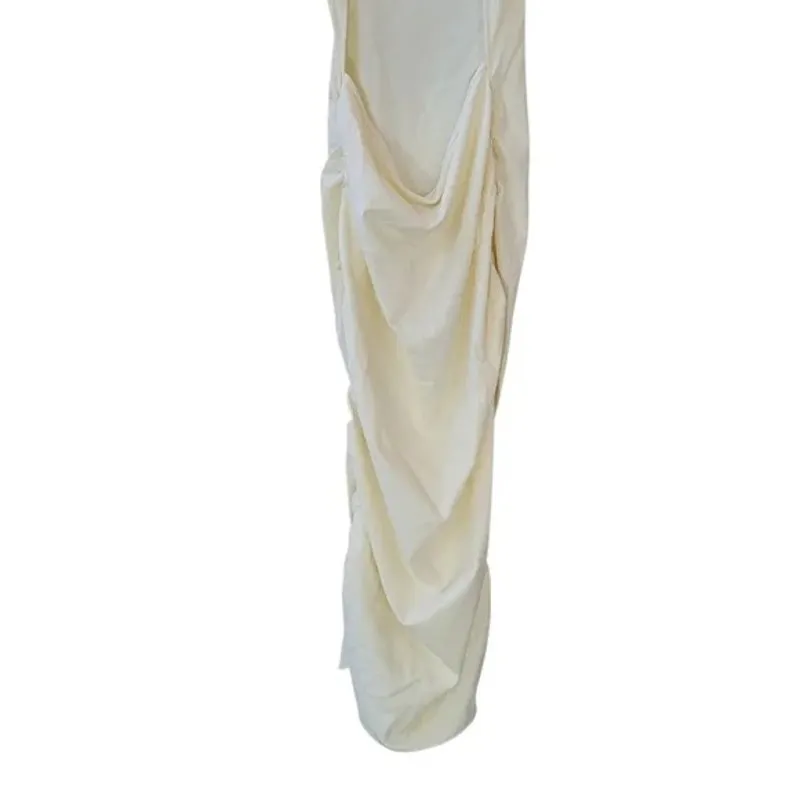 NWT WeWoreWhat Ruched High Neck Sleeveless Open Back Bodycon Midi Dress L Cream - Image 8