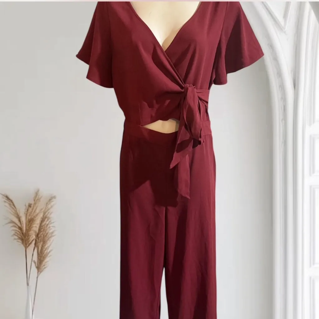 Leith  Red Grape Wide Leg Wrap Top Jumpsuit Small - Image 2