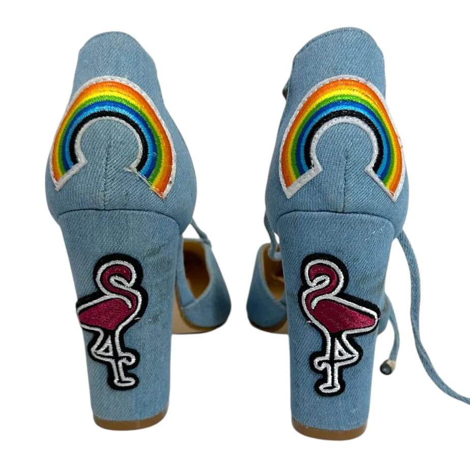 Cape Robbin Denim Beautiful Embroidered Rainbow Block Heel Sandals Size 7.5 - Image 2