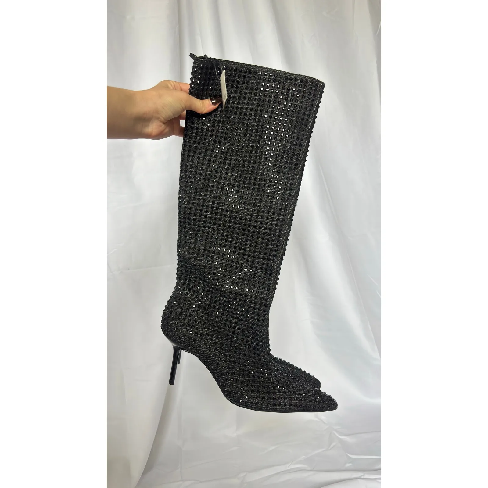 $185 NWT Zara Rhinestone Embellished Knee High‎ Boots Stiletto Heel Party Shoes - Image 6
