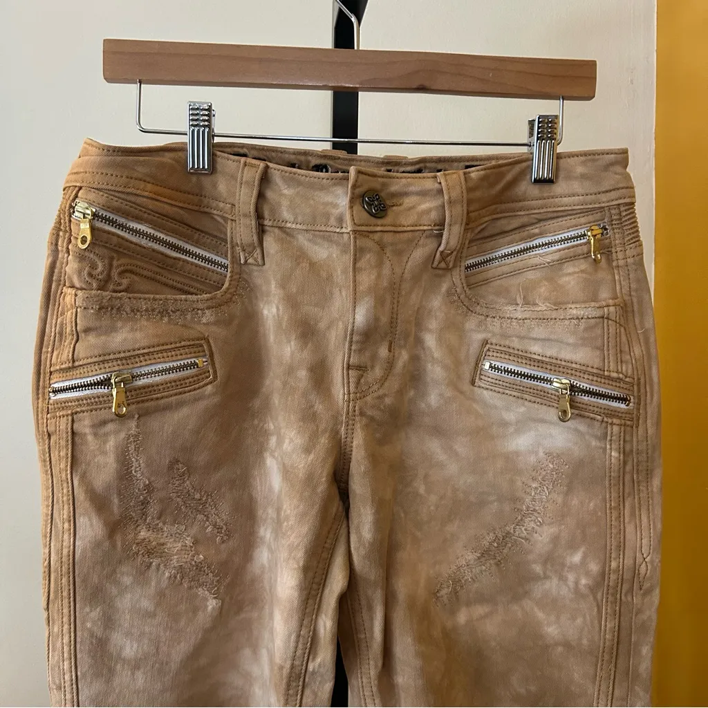 Rock Revival Moto Cladelle Skinny Jeans Stretch Distressed Tan Size 30 (US 10) - Image 2