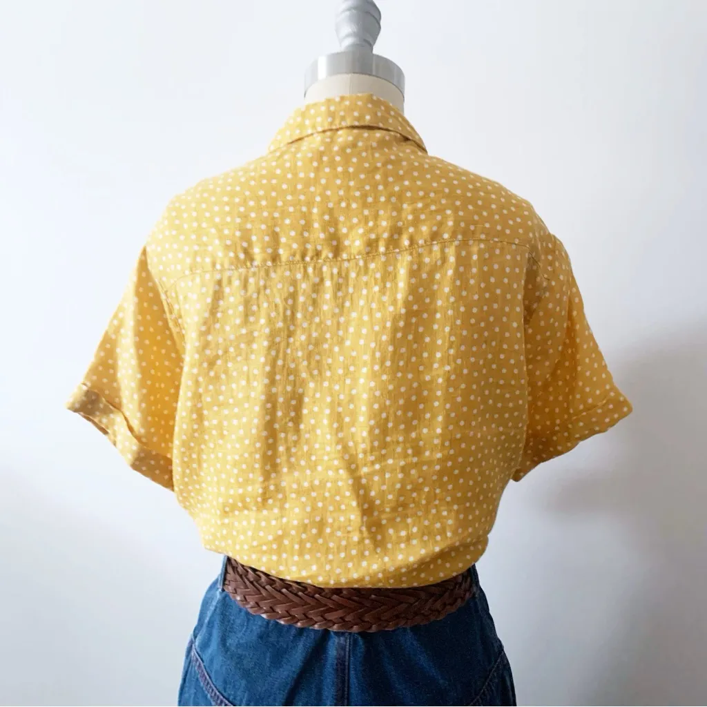 Rachel Zoe XS Linen Yellow Polka Dot Womens Top Short Cuffed Sleeve Button Shirt - Image 4