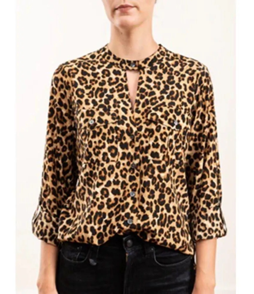 Veronica Beard Ann Beige Leopard Print Silk Keyhole Neck Button Blouse Sz 2 - Image 5