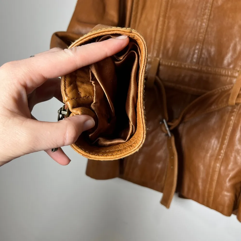 Vintage Anne Klein Longer Line Camel Faux Belted Leather Jacket Sz M - Image 12