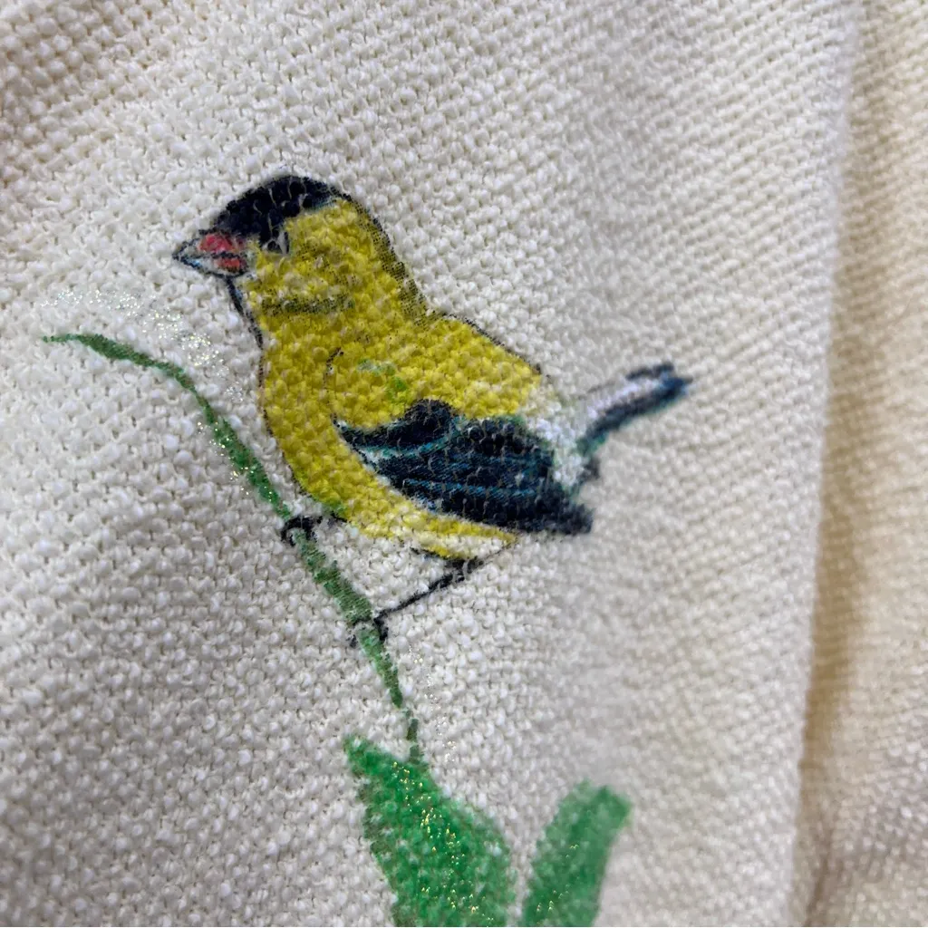 Vintage AU Women's yellow terry cloth cardigan Sweater Bird Art Applique Print Green Size L - Image 11