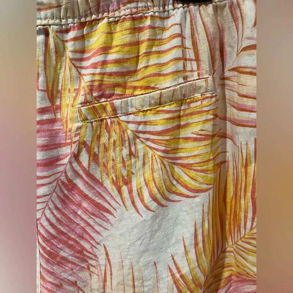 Tahari SizeL Linen Shorts Beige Pink Orange Tropical Leaf Print Summer Vacay - Image 3