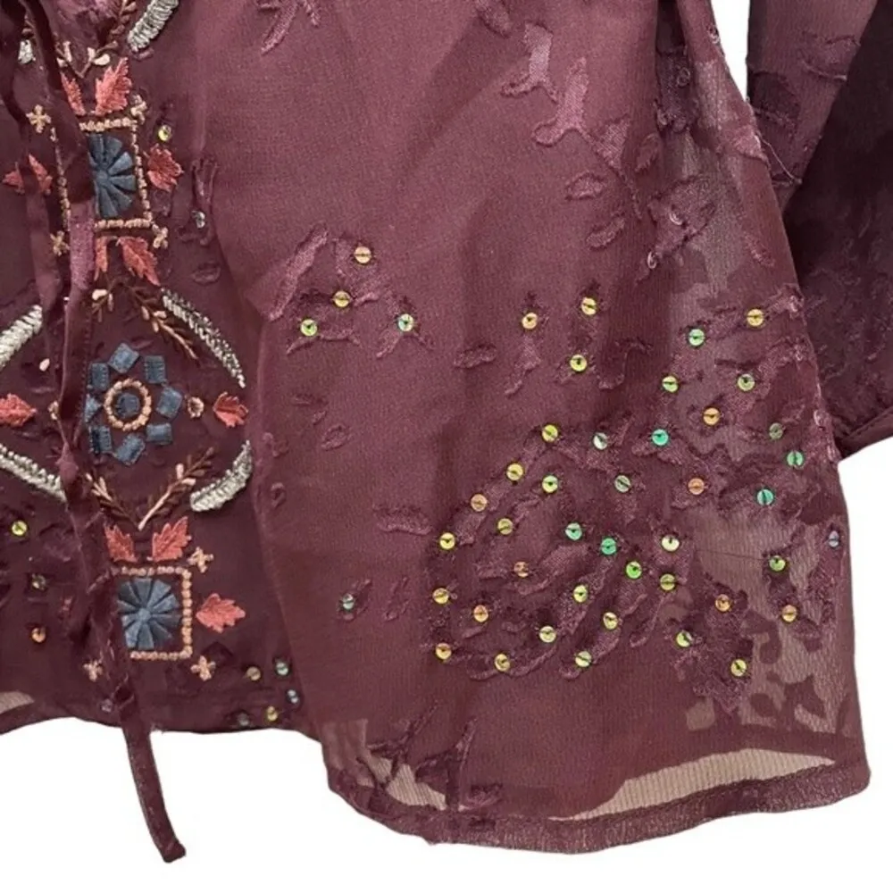 Sundance Embroidered Sequined Long Sleeve Boho Wine Tunic Size Medium NEW NWOT Purple - Image 5