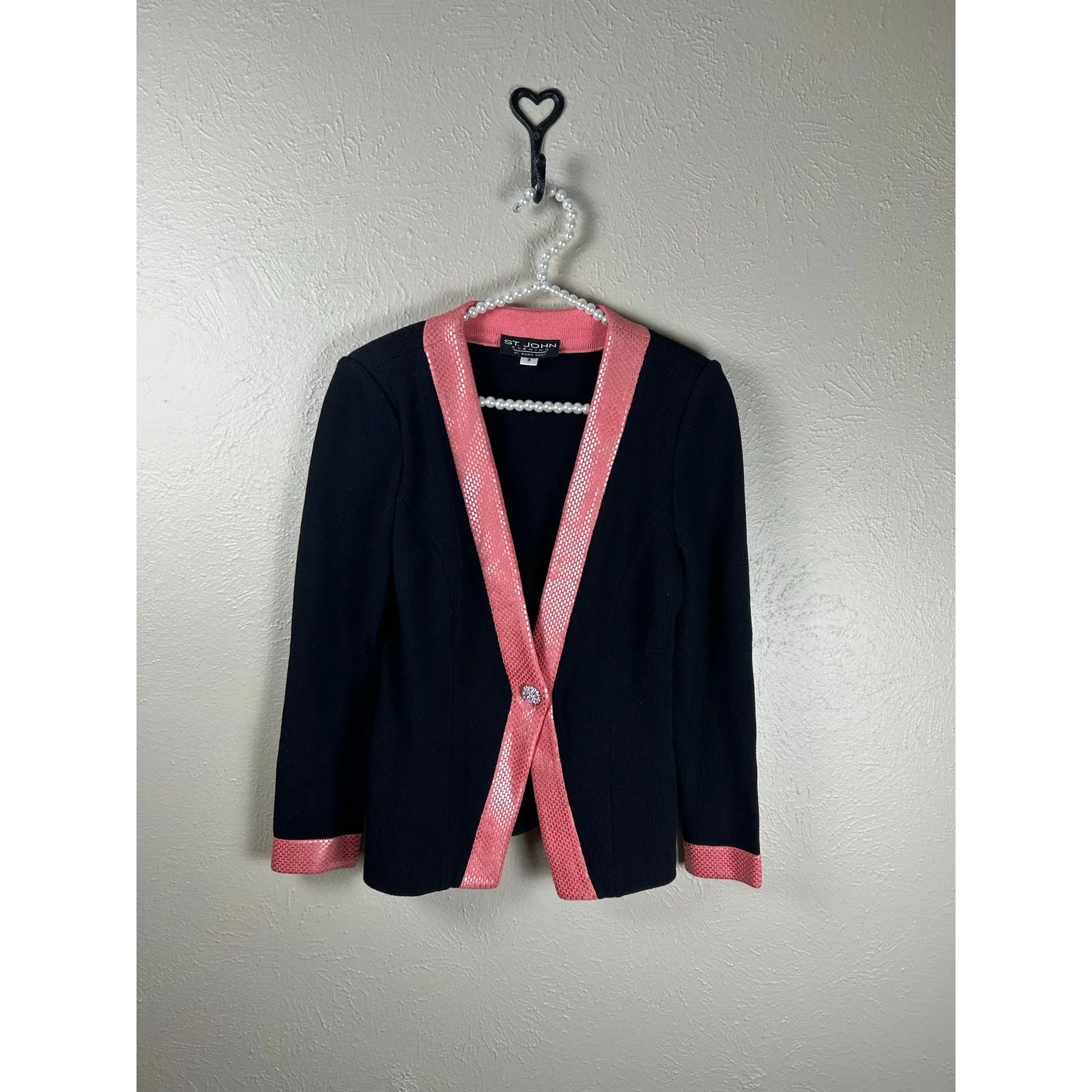 St.John Evening Size 4 Knit Blazer Black Pink Designer Quiet Luxury Cardigan - Image 9