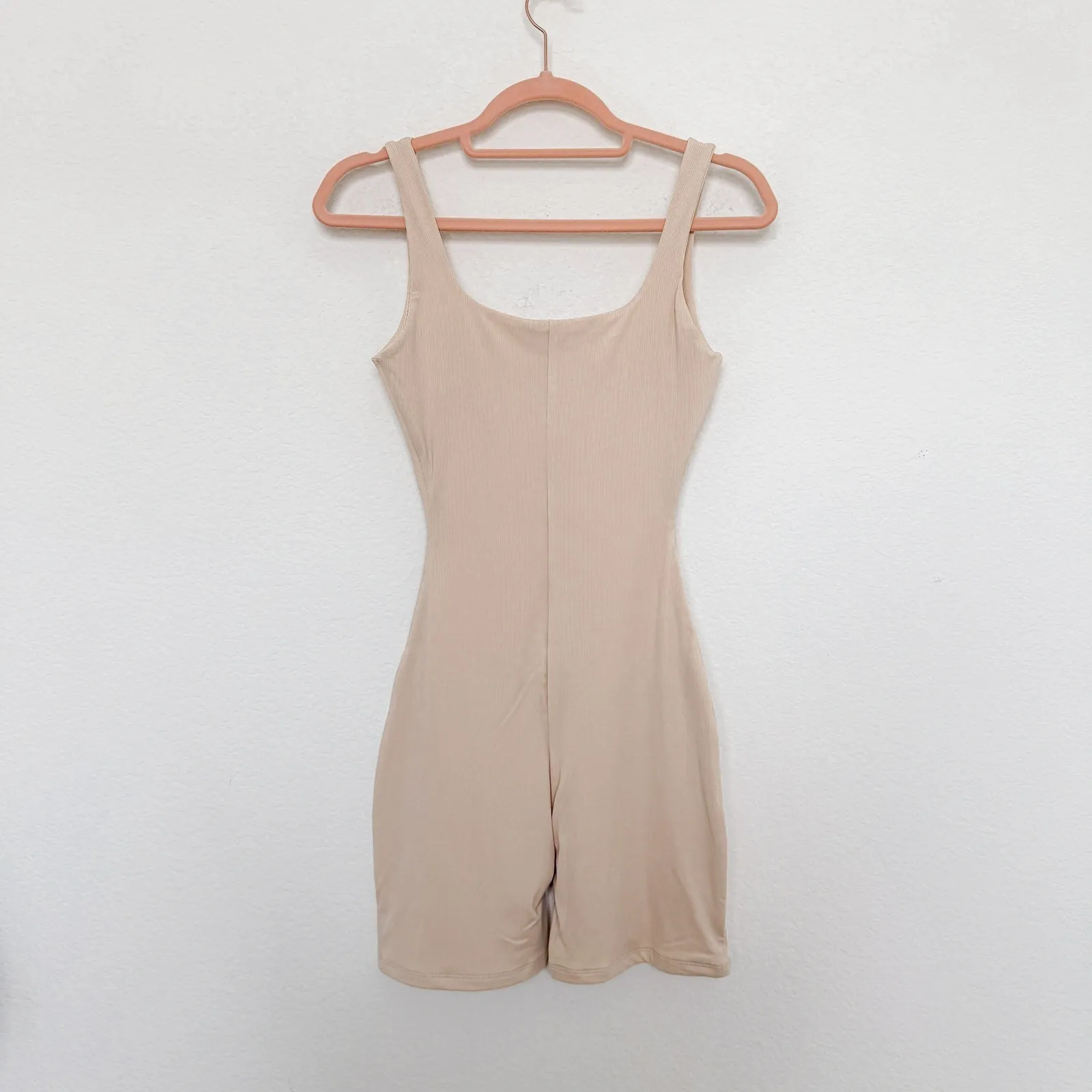 Naked Wardrobe Womens Romper Size Small Beige‎ Ribbed Scoop Neck Fitted Minimal - Image 6