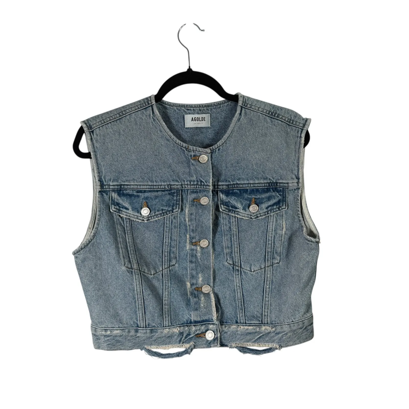 Agolde Leo Denim Vest Frayed Crop Trucker Sleeveless Button Down Womens Large - Image 2