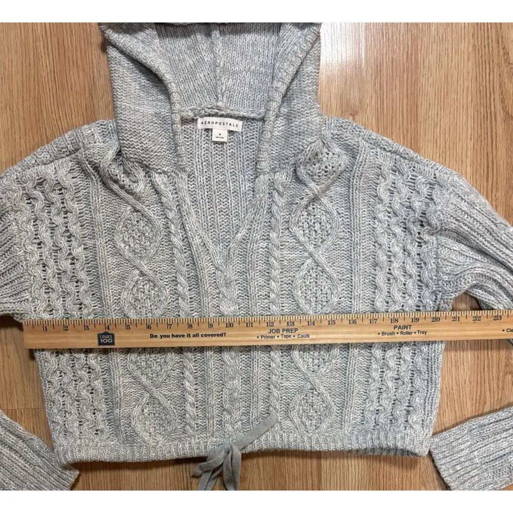Aeropostle Hoodie Boho  Cable Knit Cropped  Pullover Hooded Sweater Buttons Soft - Image 5