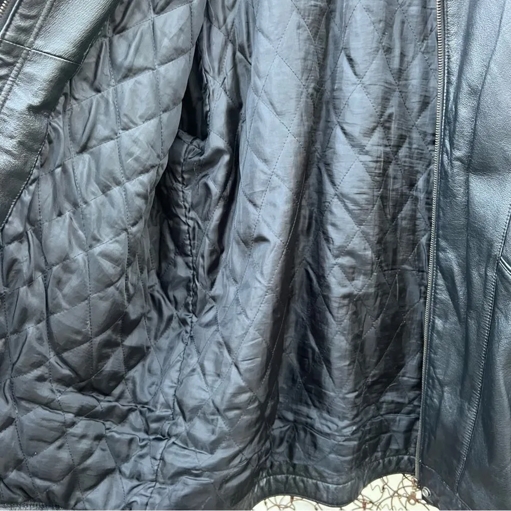 Vintage 90s Liz Baker Black Leather Quilt Lined Oversize Bomber Jacket 1X - Image 8