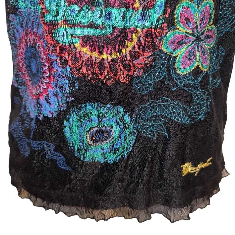 DESIGUAL Sleeveless Black Lace Dragon & Floral Print Gold Stitched Top EUC‎ M - Image 6