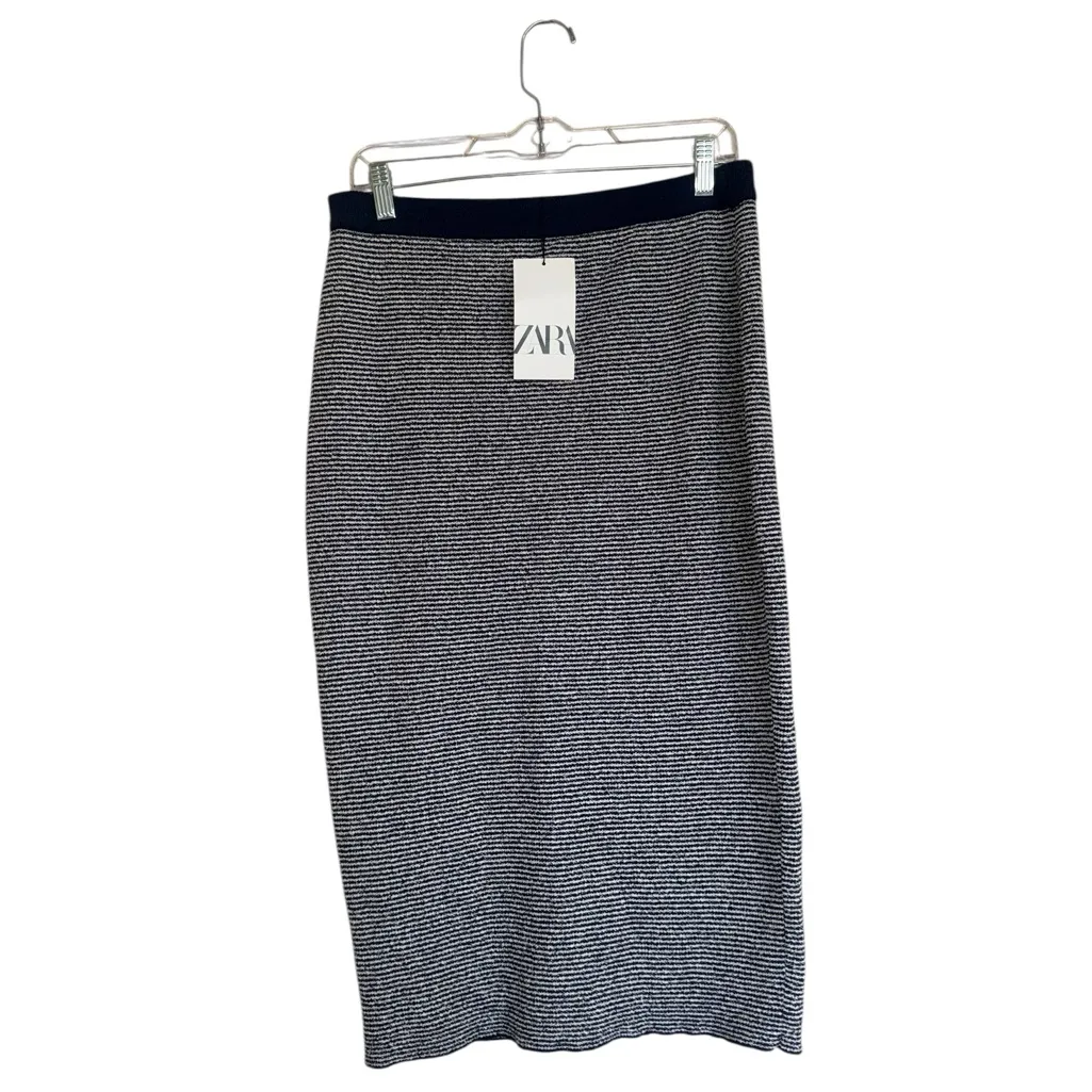 NWT ZARA Tweed Cutwork Stretch Midi Skirt Large Navy White - Image 4