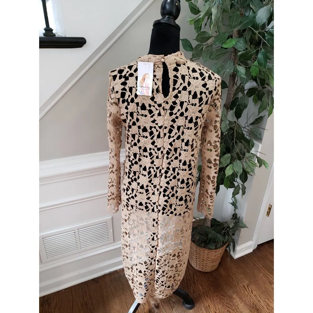 Prettygarden Crochet Lace Dress Women Small Beige Sheer Long Sleeve Boho Chic - Image 7