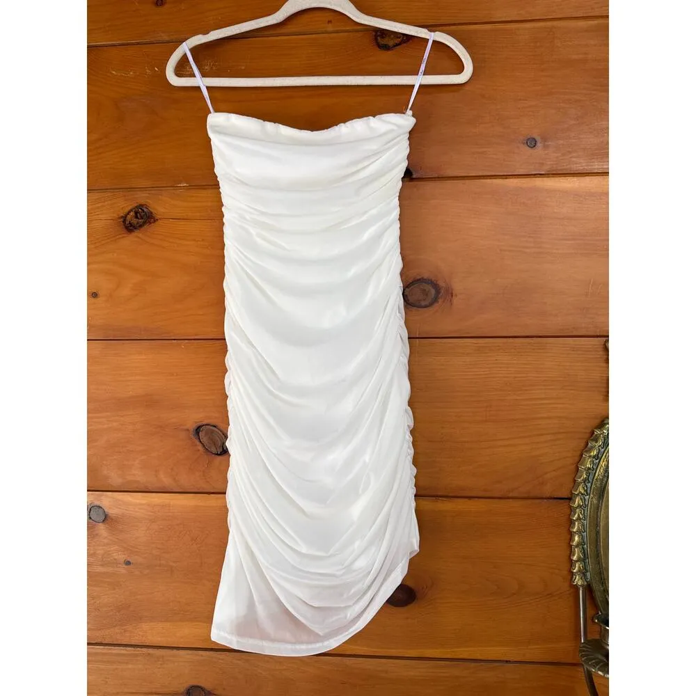 Lulus Flawless Sensation White Mesh Ruched Asymmetrical Mini Dress Strapless XS - Image 4